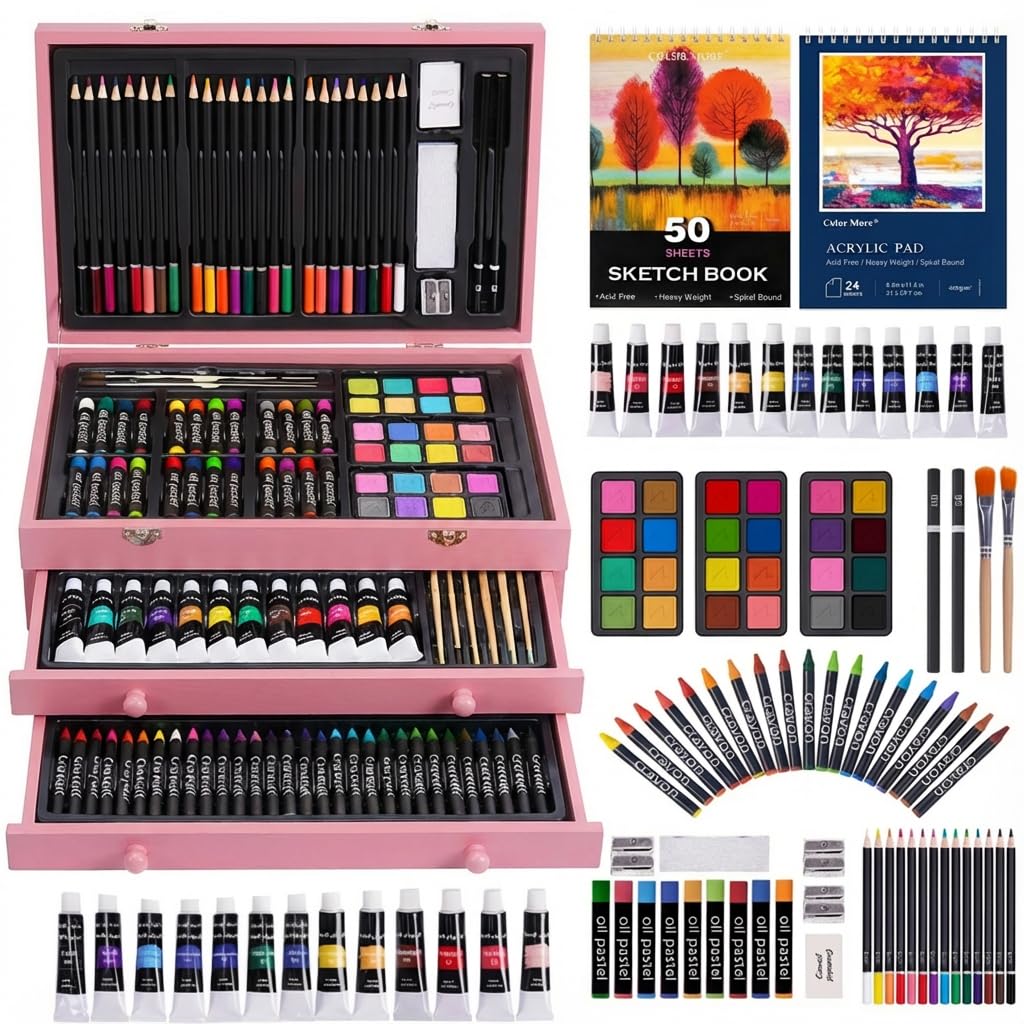 TMOL Art Supplies, 175-Pack Deluxe Art Set Drawing Painting Kit with 2 Drawing Pads, Acrylic Paints, Colored Pencils, Crayons, Art Kit in Wooden Case, Gift for Artist, Adults, Teens and Kids