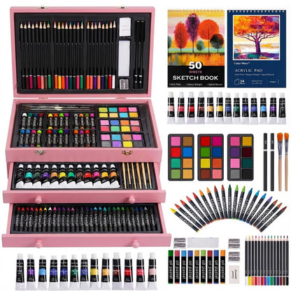 TMOL Art Supplies, 175-Pack Deluxe Art Set Drawing Painting Kit with 2 Drawing Pads, Acrylic Paints, Colored Pencils, Crayons, Art Kit in Wooden Case, Gift for Artist, Adults, Teens and Kids