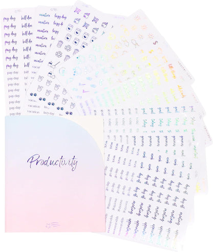 Clear Black Foil Planner Stickers, Productivity, Functional, Icons, Words, Easy-to-Read, Over 600 Stickers, Folder Included, Organize, Aesthetic, Minimal - Midnight