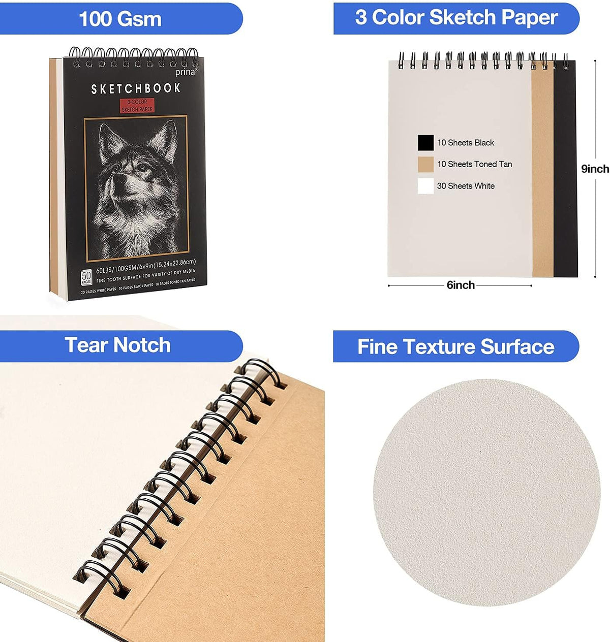Prina 50 Pack Drawing Set Sketch Kit, Sketching Supplies with 3-Color Sketchbook, Graphite, and Charcoal Pencils, Pro Art Drawing Kit for Artists Adults Teens Beginner Kid, Ideal for Shading, Blending