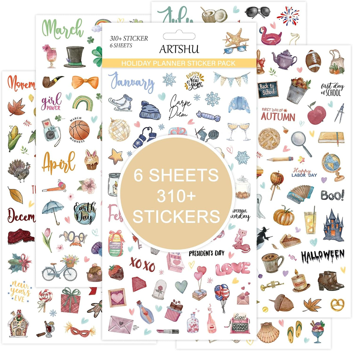 Seasonal Planner Stickers, 310+ Monthly Calendar Designs on 6 Sheets