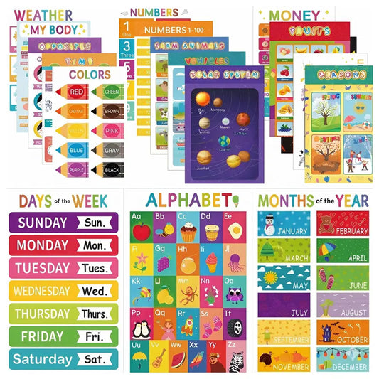 16 Pcs Laminated Educational Wall Posters for Kids and Toddlers Classroom and Teacher Decor for Kids, Perfect for All Ages, Ideal for Elementary and Colorful-Themed Rooms and Classrooms