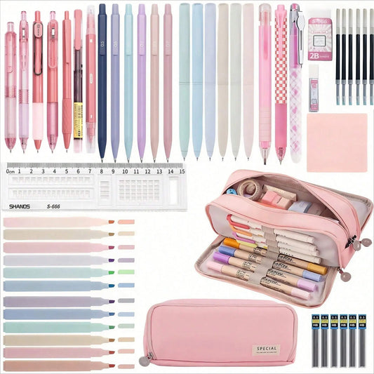 50 Pcs Morandi Stationery Set, Classroom, Office & School Study Supplies, Includes Pencil Case, 8 Pcs Black Gel Pens, 6 Pcs 0.5mm Mechanical Pencils, 12 Pcs Pastel Highlighters, Sticky Notes, Eraser, Ruler, Gifts