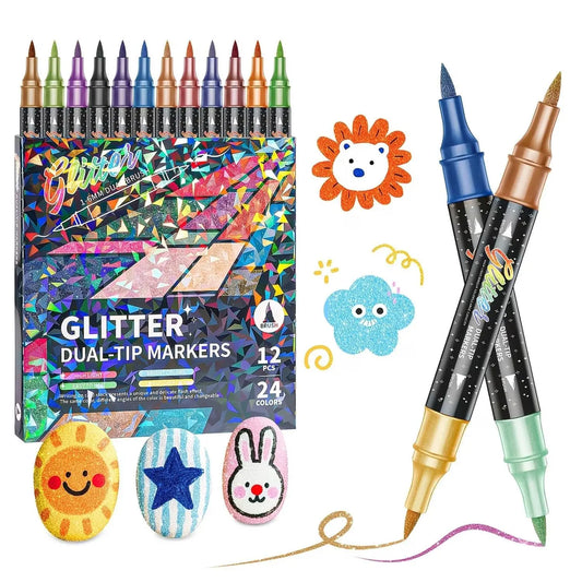 24/48/72/96 Color Double-Tip Glitter Marker | Metallic Glitter Fine Tip Watercolor Pen, Coloring Markers, Art Supplies, suitable for handcrafting, greeting cards, birthday cards, mugs, wooden decorations, sketching and professional artistic purposes
