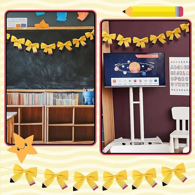 Back to School Classroom Decor Pencil Bow Felt Banner for Wall Door Chalkboard Whiteboard Bulletin Board Decor First Day of School Teachers Office Preschool Kindergarten Elementary Toddlers Homeschool Classroom Setup Hanging Garland Banners Photo Props