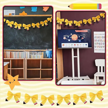 Back to School Classroom Decor Pencil Bow Felt Banner for Wall Door Chalkboard Whiteboard Bulletin Board Decor First Day of School Teachers Office Preschool Kindergarten Elementary Toddlers Homeschool Classroom Setup Hanging Garland Banners Photo Props