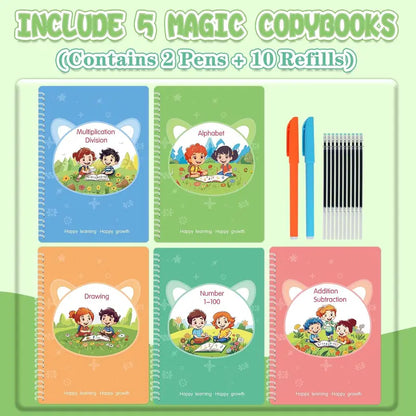 WTADAY Magic Grooved Lines Reusable Handwriting Workbook 5-Pack - Handwriting Practice Kit, 9.4in x 6.29in Large Format, 2 Pen Holding Aids, Reusable Ink Pens, Number Practice, Back to School Haul for 3-8 Age Kids, Classroom Teaching Supplies