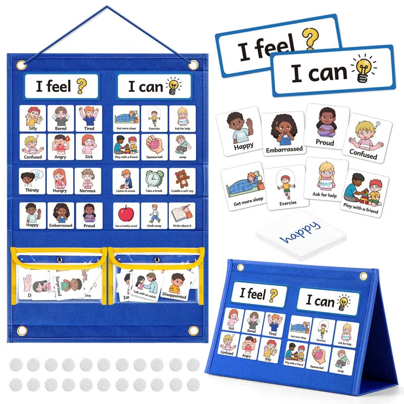 Torlam Unisex Felt Feelings & Emotions Learning Chart Activity Board - Stress Relief Toy, Social Emotional Learning Tool, Behavior Management Aid, 24 Activity Ideas, Classroom Supplies, Sticker-Equipped Flashcard Set for Emotional Skills Calm Down Corner