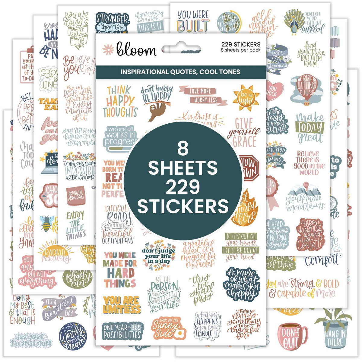 bloom daily planners Inspirational & Motivational Quotes Planner Stickers (8 Sheets / 200+ Stickers) - Hand-Lettered Positive Cute Aesthetic Quotes for Decorating Organizers, Scrapbooks, Laptops, etc.