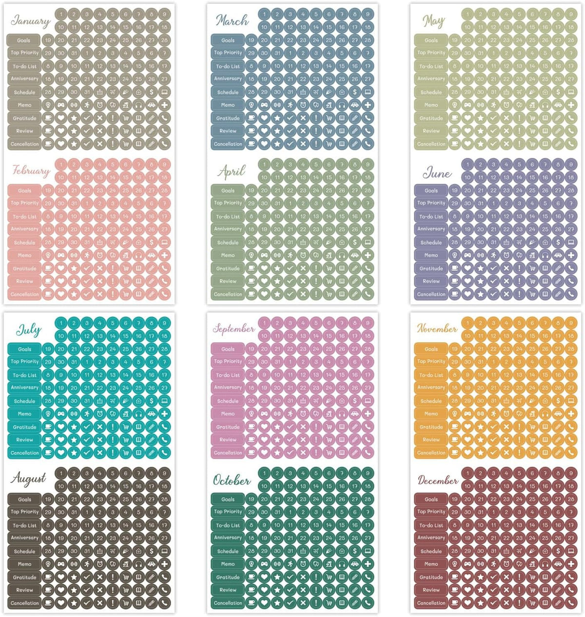 1917 Pcs Date Dot Stickers for Daily Planner Calendar Bullet Journal Notebook, Monthly Weekly Headings, Dates, Icons, 1/5 inch Dots, 10 Sheets