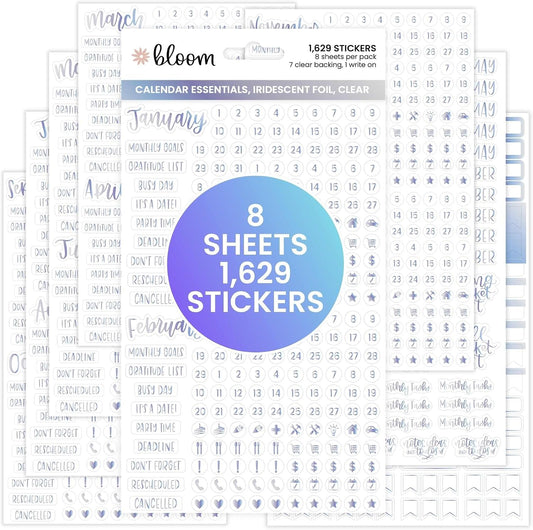 bloom daily planners Metallic Calendar Essentials Planner Stickers - 8 Sheets, 1629 Stickers Per Pack! - Shiny Aesthetic Monthly Headings, Dates, Icons, Etc. - Iridescent Foil