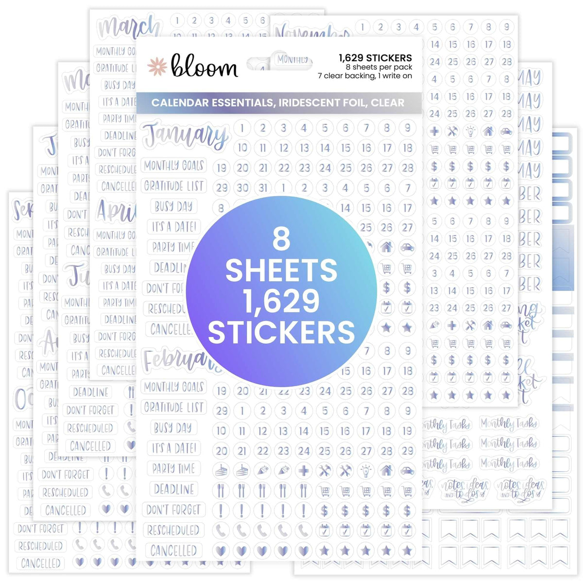 bloom daily planners Metallic Calendar Essentials Planner Stickers - 8 Sheets, 1629 Stickers Per Pack! - Aesthetic Monthly Headings, Dates, Icons, Etc. - Gold Foil
