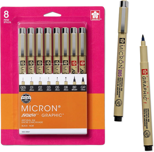 Sakura Pigma Micron Fineliner Pens, Black, Assorted Points - 8 Pack