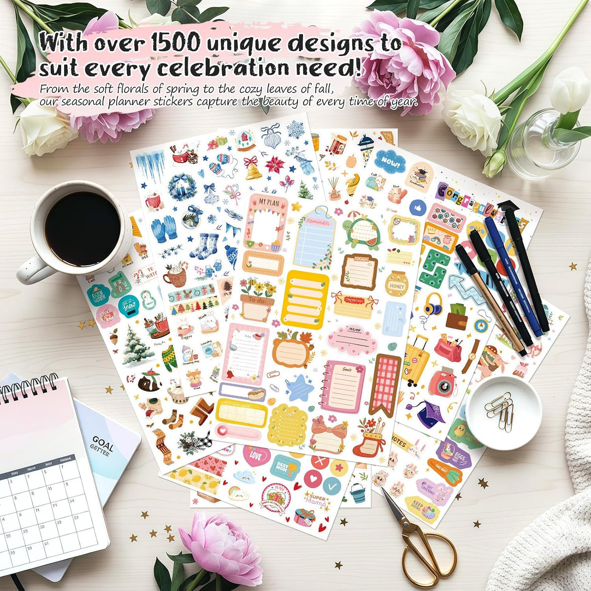 Planner Stickers (26 Pages, 1500+ Stickers), Celebration Planner Stickers with, Daily, Monthly, and Holiday Stickers for Scrapbook Supplies, Junk Journal Supplies, Decorating, and Planning.