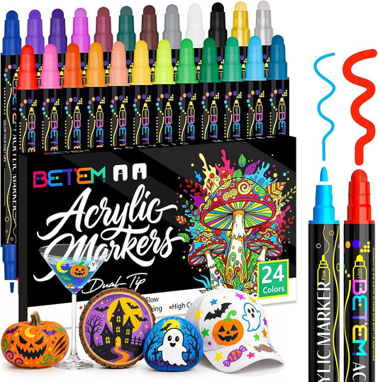 Betem 24 Colors Dual Tip Acrylic Paint Markers, Fabric Decorating Kits