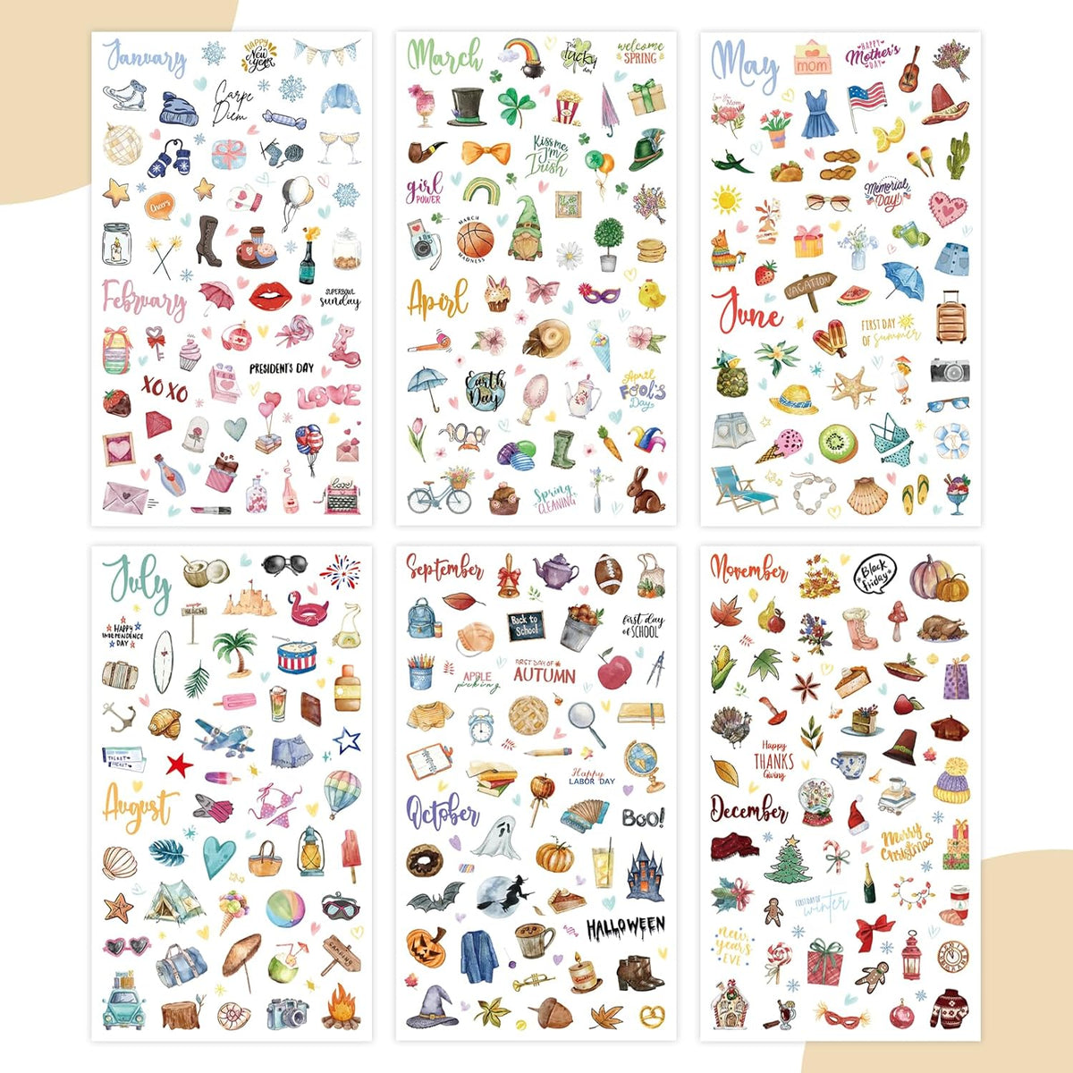 Seasonal Planner Stickers, 310+ Monthly Calendar Designs on 6 Sheets