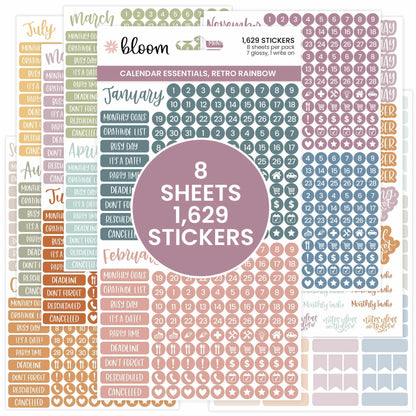 bloom daily planners Muted Neutrals Calendar Essentials Planner Stickers - 8 Sheets, 1629 Stickers Per Pack! - Color Coordinating Monthly Headings, Dates, Icons, Etc. - Aesthetic Boho