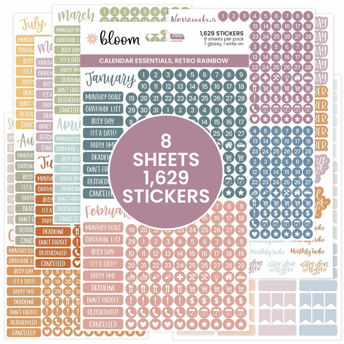 bloom daily planners Neutral Aesthetic Calendar Essentials Planner Stickers - 8 Sheets, 1629 Stickers Per Pack! - Color Coordinating Monthly Headings, Dates, Icons, Etc. - Sweater Weather