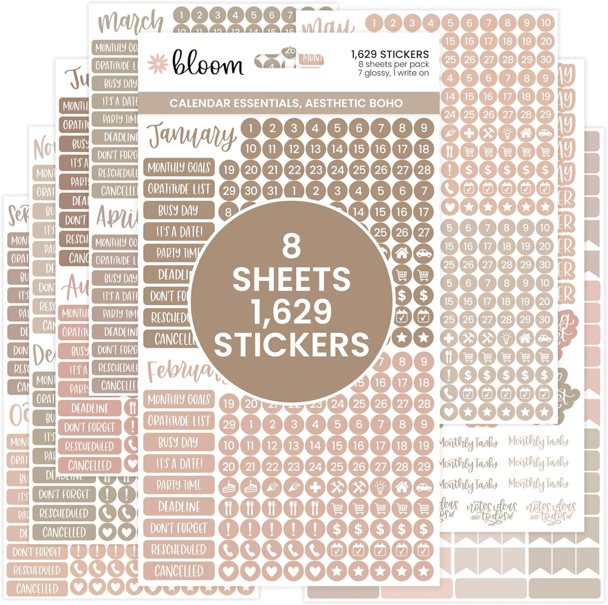 bloom daily planners Muted Neutrals Calendar Essentials Planner Stickers - 8 Sheets, 1629 Stickers Per Pack! - Color Coordinating Monthly Headings, Dates, Icons, Etc. - Aesthetic Boho
