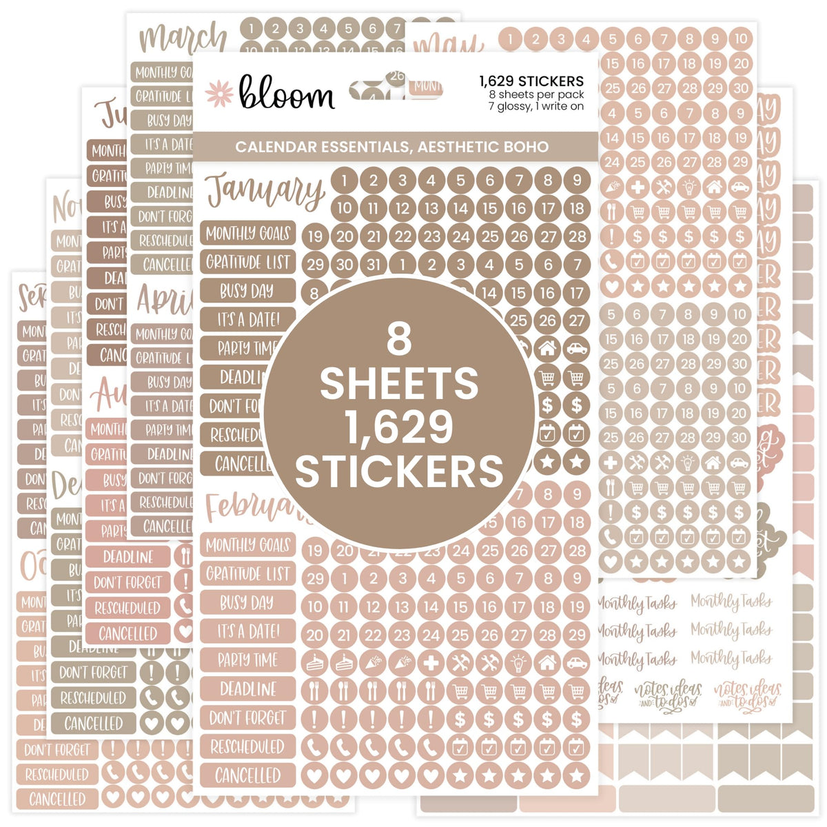 bloom daily planners Metallic Calendar Essentials Planner Stickers - 8 Sheets, 1629 Stickers Per Pack! - Aesthetic Monthly Headings, Dates, Icons, Etc. - Gold Foil
