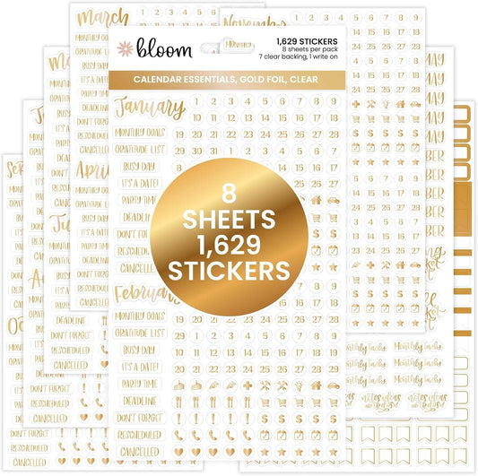 bloom daily planners Metallic Calendar Essentials Planner Stickers - 8 Sheets, 1629 Stickers Per Pack! - Aesthetic Monthly Headings, Dates, Icons, Etc. - Gold Foil