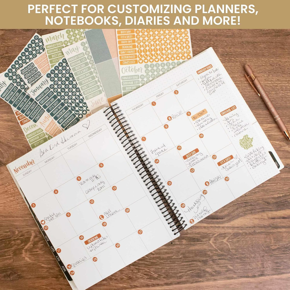 bloom daily planners Neutral Aesthetic Calendar Essentials Planner Stickers - 8 Sheets, 1629 Stickers Per Pack! - Color Coordinating Monthly Headings, Dates, Icons, Etc. - Sweater Weather