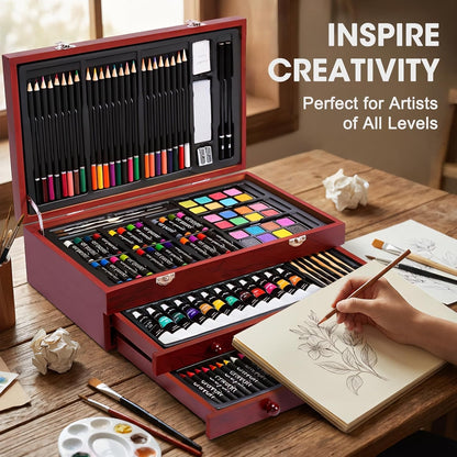 TMOL Art Supplies, 175-Pack Deluxe Art Set Drawing Painting Kit with 2 Drawing Pads, Acrylic Paints, Colored Pencils, Crayons, Art Kit in Wooden Case, Gift for Artist, Adults, Teens and Kids