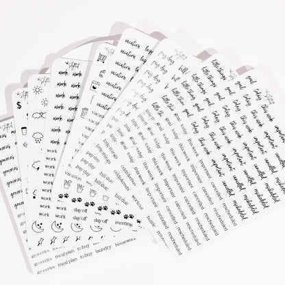 Clear Black Foil Planner Stickers, Productivity, Functional, Icons, Words, Easy-to-Read, Over 600 Stickers, Folder Included, Organize, Aesthetic, Minimal - Midnight