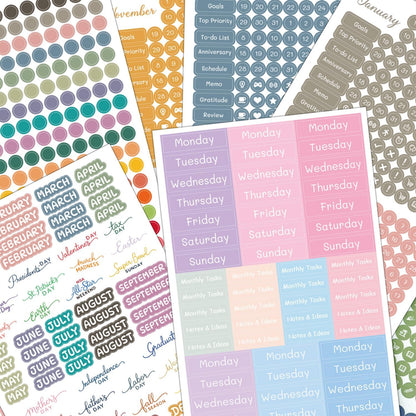 1917 Pcs Date Dot Stickers for Daily Planner Calendar Bullet Journal Notebook, Monthly Weekly Headings, Dates, Icons, 1/5 inch Dots, 10 Sheets