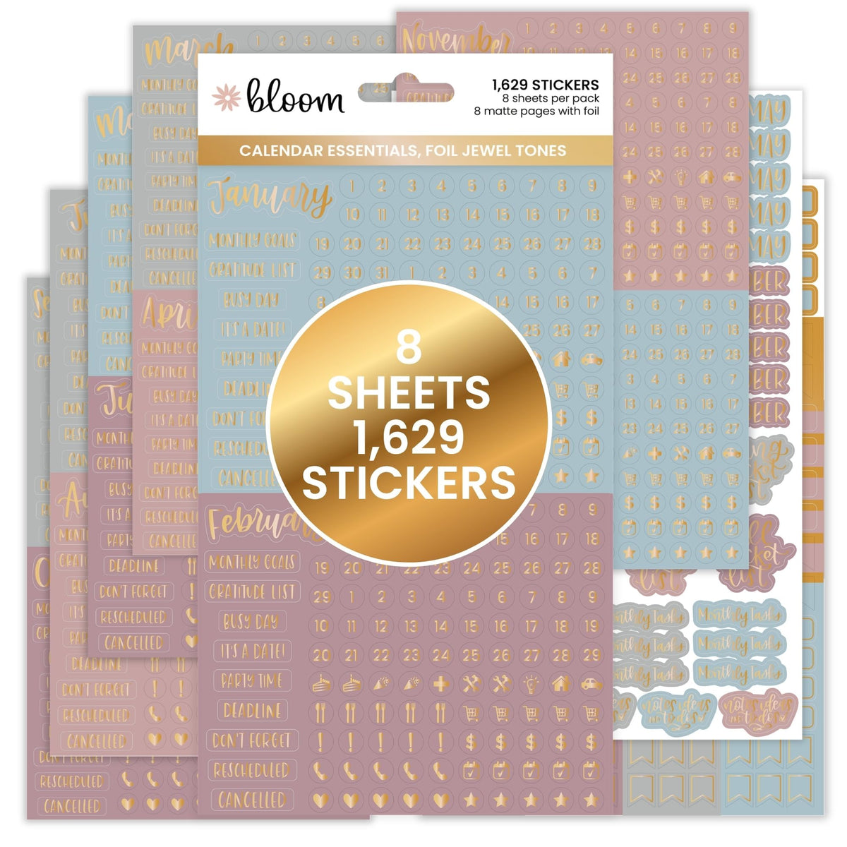 bloom daily planners Neutral Aesthetic Calendar Essentials Planner Stickers - 8 Sheets, 1629 Stickers Per Pack! - Color Coordinating Monthly Headings, Dates, Icons, Etc. - Sweater Weather