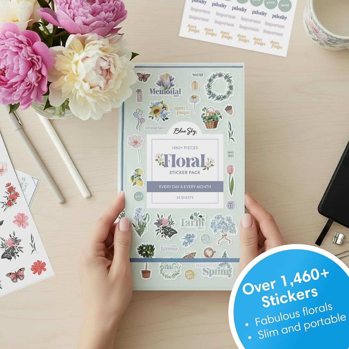 Blue Sky Sticker Book, 4.5"x9" Everyday & Monthly Planner Stickers, Floral