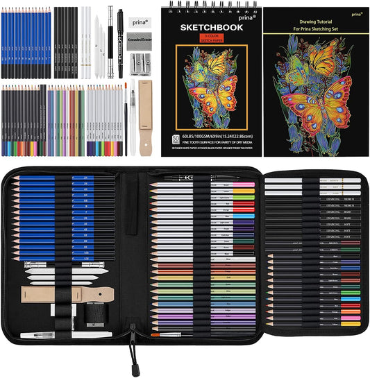 Prina 76 Pack Drawing Set Sketching Kit, Pro Art Supplies with 3-Color Sketchbook, Include Tutorial, Colored, Graphite, Charcoal, Watercolor & Metallic Pencil, for Artists Adults Teens Beginner
