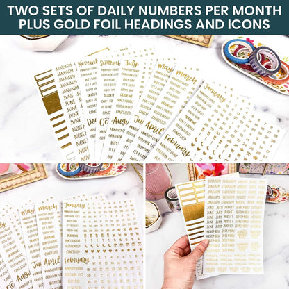 bloom daily planners Metallic Calendar Essentials Planner Stickers - 8 Sheets, 1629 Stickers Per Pack! - Aesthetic Monthly Headings, Dates, Icons, Etc. - Gold Foil