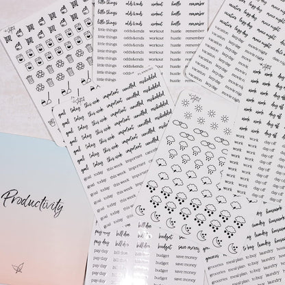 Clear Black Foil Planner Stickers, Productivity, Functional, Icons, Words, Easy-to-Read, Over 600 Stickers, Folder Included, Organize, Aesthetic, Minimal - Midnight
