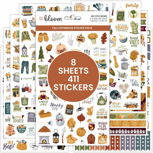 bloom daily planners Fall Expansion Sticker Pack - 8 Sheets / 411 Stickers - Autumn Harvest Variety Pack with Halloween & Thanksgiving - Planner Stickers for Calendar Decorating & Scrapbooking