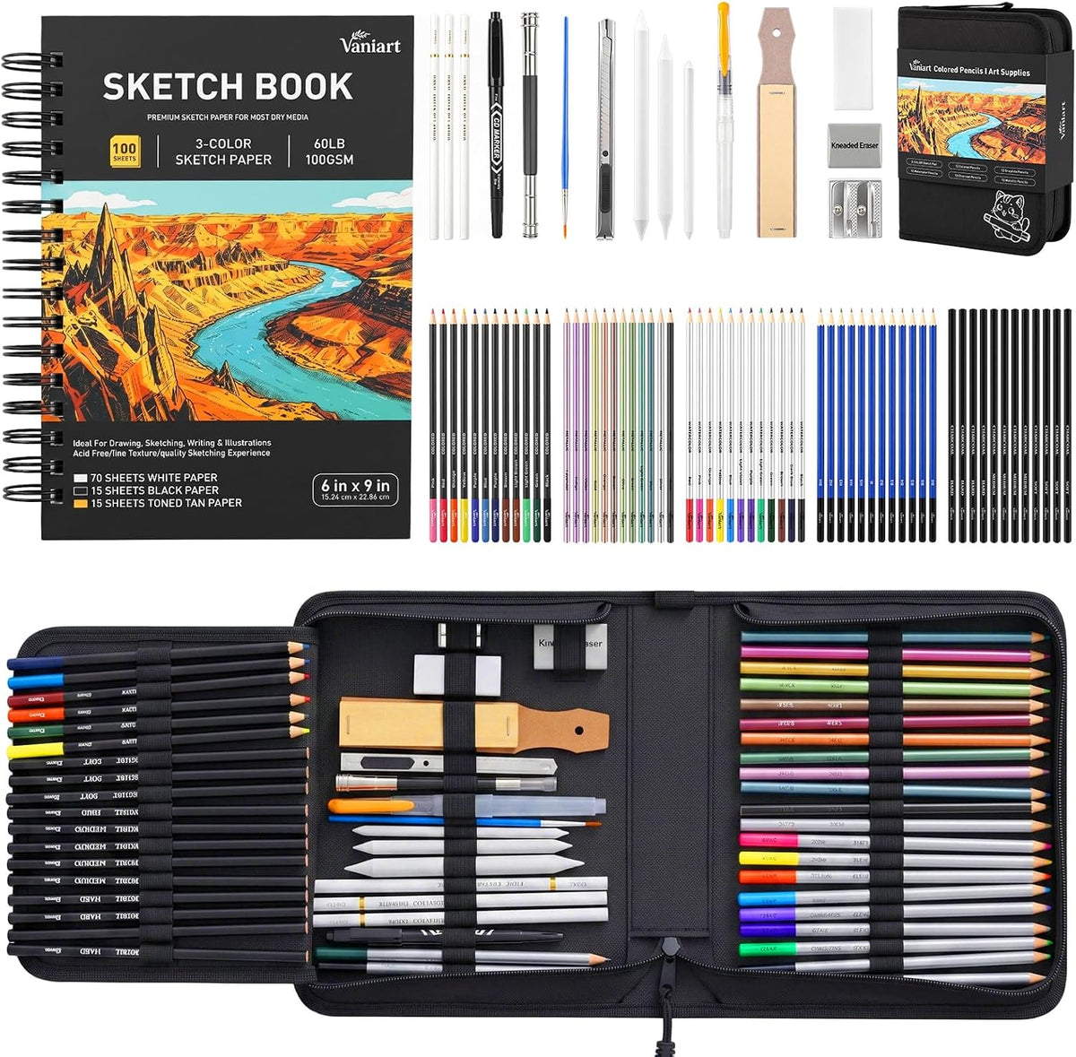 176PCS Art Supplies, Drawing Kit with 3-Color 100 Sheets Sketchbook