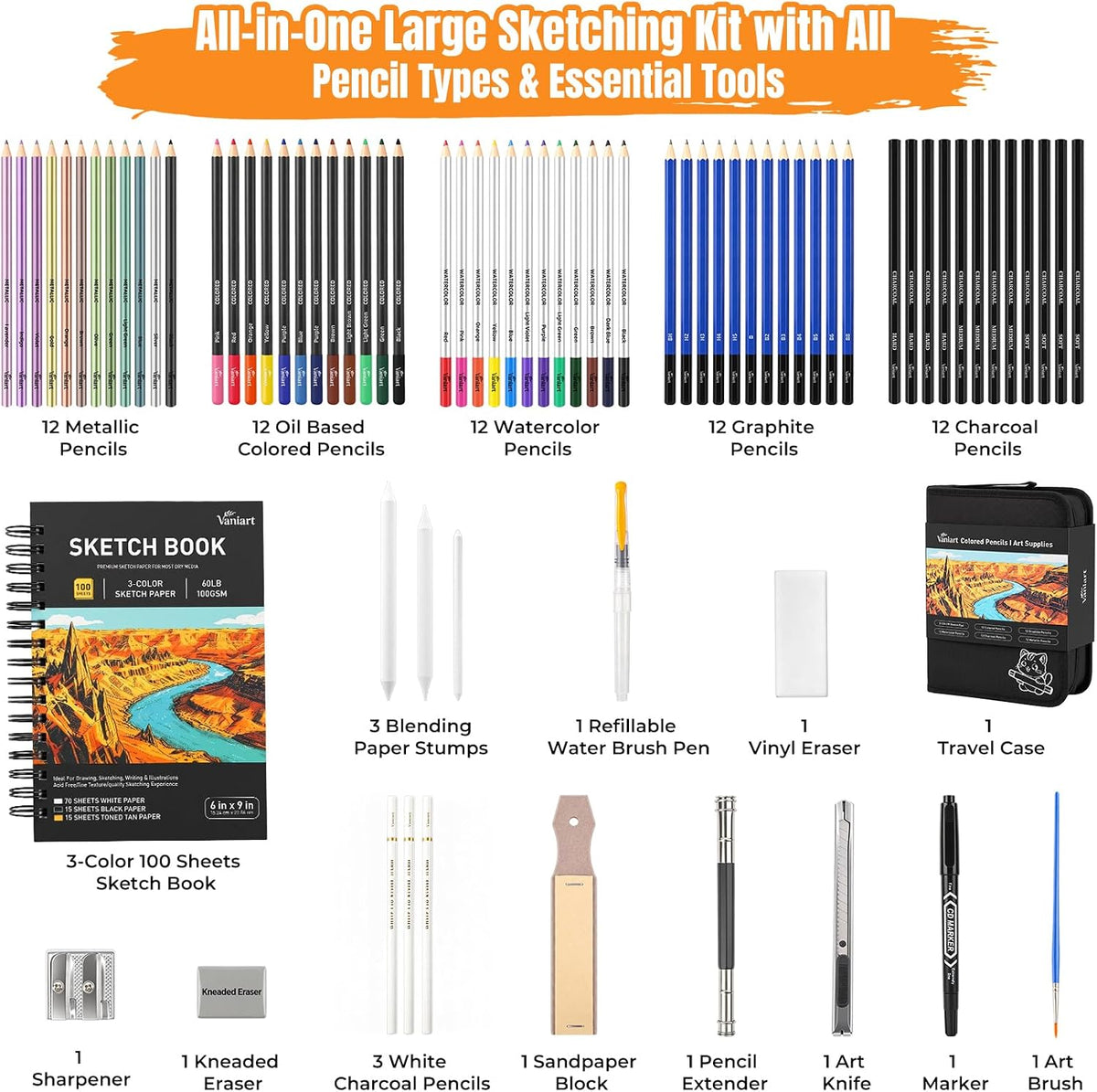 176PCS Art Supplies, Drawing Kit with 3-Color 100 Sheets Sketchbook