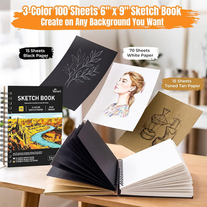 176PCS Art Supplies, Drawing Kit with 3-Color 100 Sheets Sketchbook