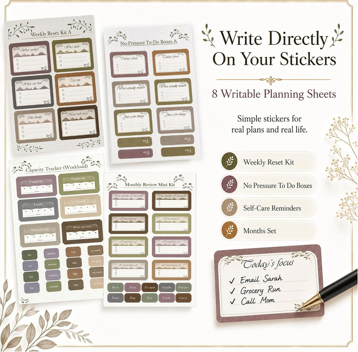 Boho Planner Stickers for Women – 30 Pages ADHD Friendly Decorative Stickers, Monthly Weekly Planning, Work Labels, Self Care, Productivity & Motivation Stickers for Journals and Planners