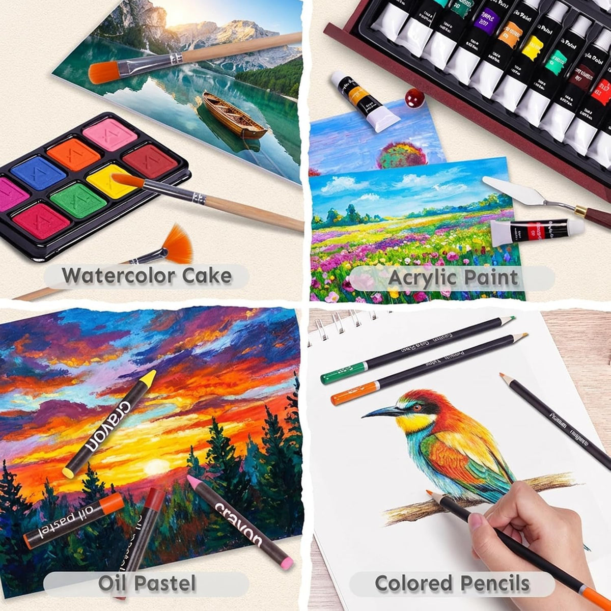 TMOL Art Supplies, 175-Pack Deluxe Art Set Drawing Painting Kit with 2 Drawing Pads, Acrylic Paints, Colored Pencils, Crayons, Art Kit in Wooden Case, Gift for Artist, Adults, Teens and Kids