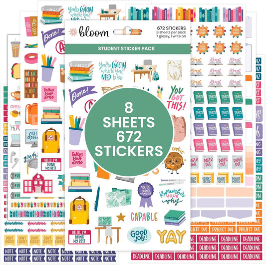 bloom daily planners Student Planner Stickers - 8 Sheets / 672 Stickers - Essential School Themed Variety Pack for Academic Year Planning - Icons & Illustrations to Track Assignments, Exams, & More