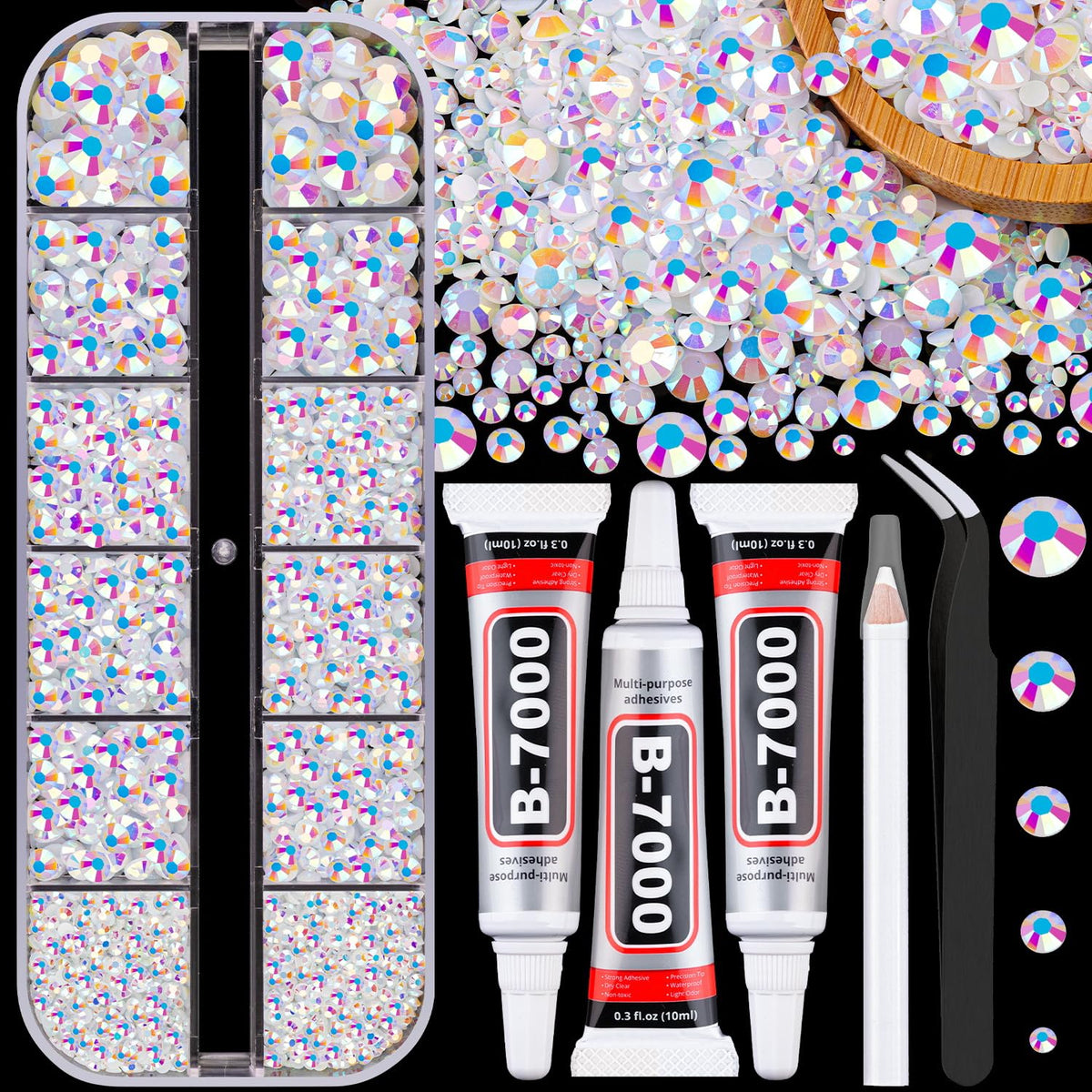 34000Pcs Resin Jelly Rhinestones for Bedazzling, Multicolor 3mm Flatback Gems for Diamond Art, Bedazzler Kit with 3Pcs 10ml B7000 Jewelry Glue for Bedazzle Thing Crafting Book Nail Art