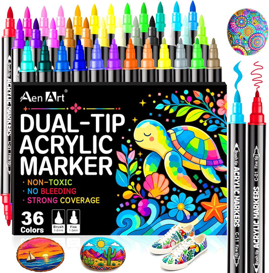 Aen Art 36-Color Dual-Tip Acrylic Paint Markers – Fine & Brush Pens Set