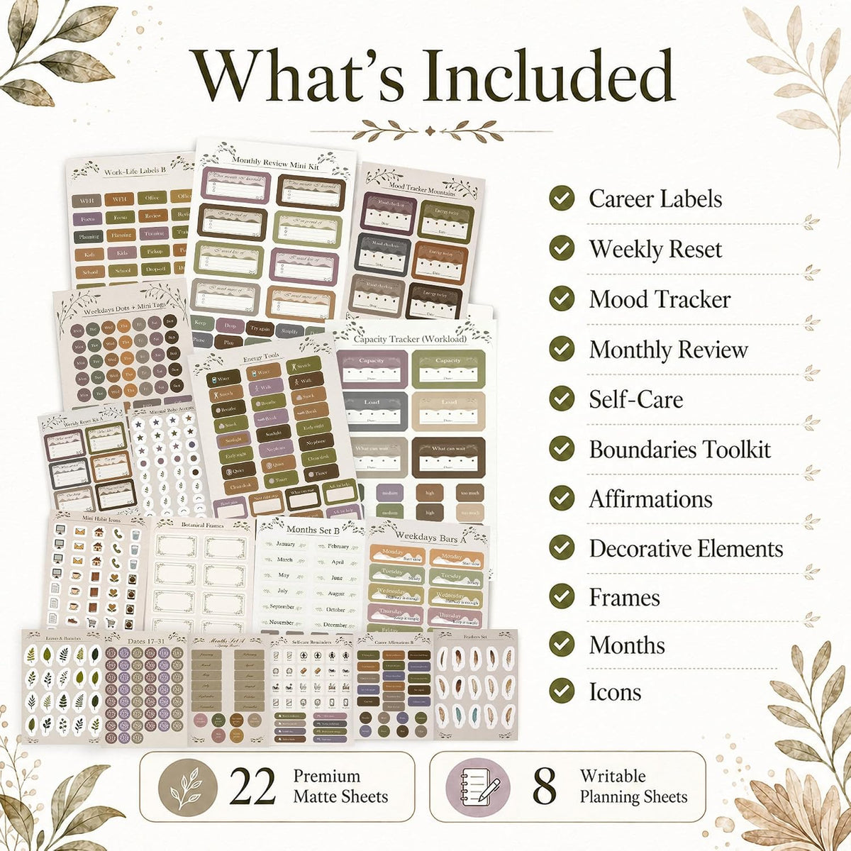 Boho Planner Stickers for Women – 30 Pages ADHD Friendly Decorative Stickers, Monthly Weekly Planning, Work Labels, Self Care, Productivity & Motivation Stickers for Journals and Planners