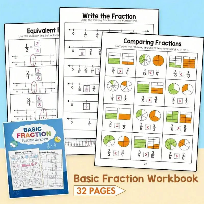 Basic Fraction Learning Workbook for Elementary School Grades 3-4, Durable Paper Material with Rich Illustrations, Educational Tool for Teenagers, Math Practice Book, Visual Learning Tools