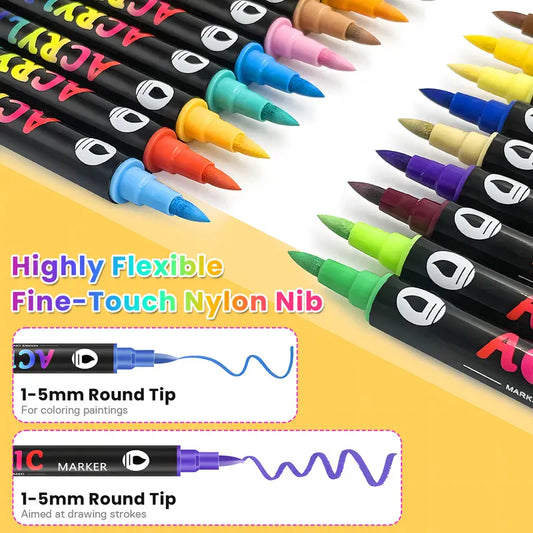 Lrgkcne Dual-Tip 2-Color Acrylic Paint Marker Pens (12/24/36/48/60 Packs) with PP Plastic Body, Beginner DIY Kits, Office Art Supplies for Decoration, Rock Painting