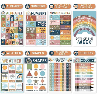 Hadley Designs Boho Early Learning Poster Pack - 16 PreK Educational 11x17 USA Made Laminated Posters for Classroom & Homeschool