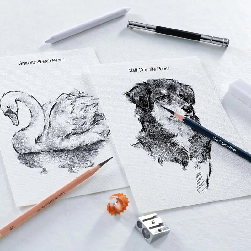 25- Professional Sketch Pencil Set with Matte and Regular Pencils - Includes Vinyl Eraser, Kneaded Eraser, Sharpener, Pencil Extender and Blending Stump - Ideal for Artists and Beginners