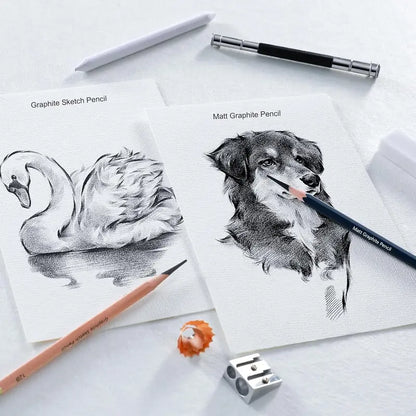 25- Professional Sketch Pencil Set with Matte and Regular Pencils - Includes Vinyl Eraser, Kneaded Eraser, Sharpener, Pencil Extender and Blending Stump - Ideal for Artists and Beginners