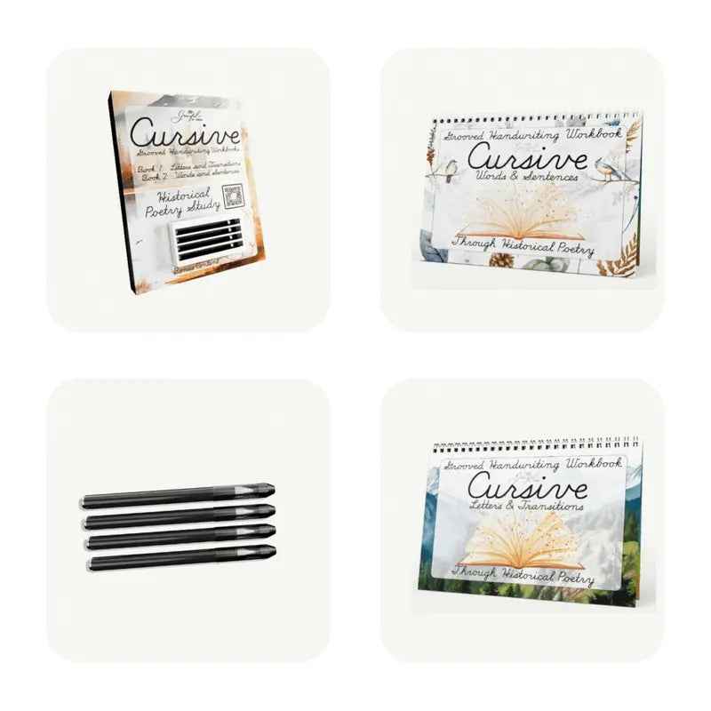 GRACEFUL BY DESIGN Historical Theme Cursive Grooved Handwriting Reusable Practice Set - 2 Practice Books, 4 Pens, 4 Ink Refills, Disappearing Ink Learning Tool for Classroom Supplies, Boosting Confidence